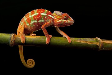 Fototapeta premium Panther Chameleon climbing on a bamboo branch against a black background