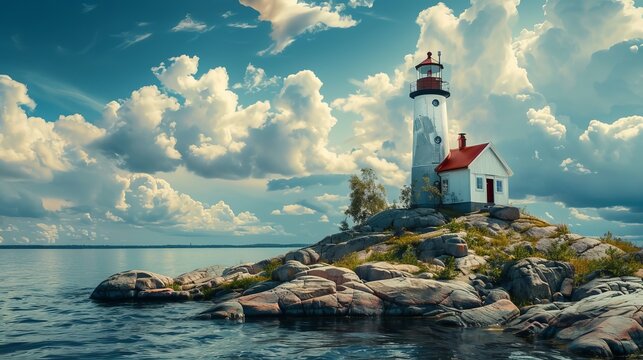 Lighthouse on a rocky islet in Lake