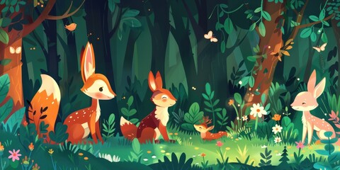Naklejka premium A Family of Deers Enjoying the Forest