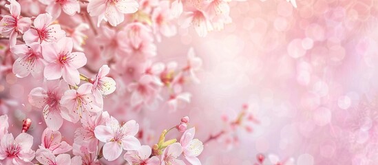Fototapeta premium Cherry Blossom and Blooming Spring Gardens pastel background. Copy space image. Place for adding text and design