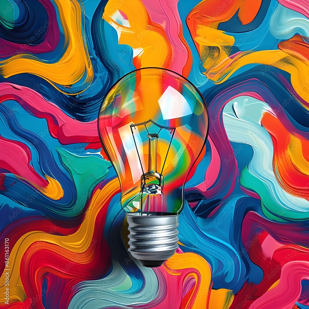 Poster vibrant illumination a creative idea concept of colorful patterns surrounding a light bulb