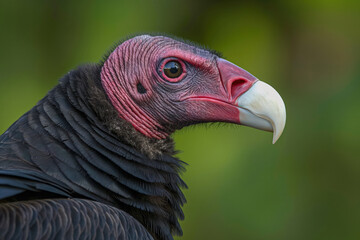 Turkey vulture posing with a hooked beak on blurred background