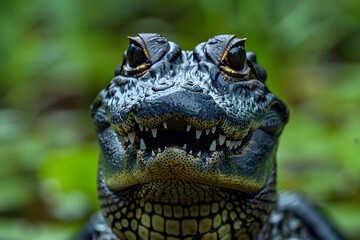Obraz premium Close-up of Alligator Head Featuring Detailed Scales and Teeth in Natural Habitat - Perfect for Wildlife Posters