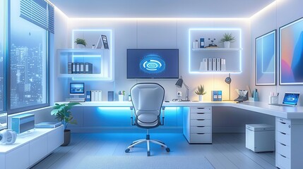 Fototapeta premium Home office with automated lighting, voice-activated smart assistant, modern ergonomic furniture, cool tech gadgets, bright white and blue color scheme, illustration, clean lines