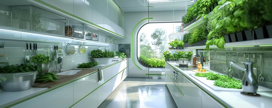 Futuristic kitchen with indoor hydroponic garden, vertical farming setup, sleek and modern design, green and white color scheme, high-resolution 3D rendering