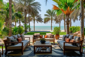 Obraz premium Tropical Patio Oasis with Stunning Beach View