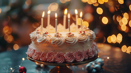 Beautiful birthday cake with burning candles on stand against festive lights