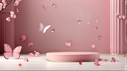 Butterfly podium background pink 3D flower pedestal rose stage cosmetic wedding platform. Background podium gold butterfly arch floral beauty spring presentation shop paper day product mockup showcase