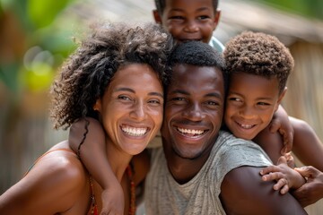 Fototapeta premium A happy family is smiling and hugging each other.
