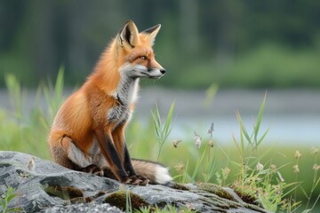 Red fox overlooking Lake Clark State Park, Alaska