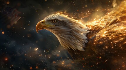 Eagle in flight with the American flag in the background, fireworks bursting in the night sky, a powerful scene of Independence Day festivities