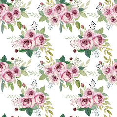 watercolor seamless pattern with roses on the white background