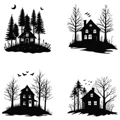Obraz premium Haunted House Silhouettes in Forest and Countryside Settings