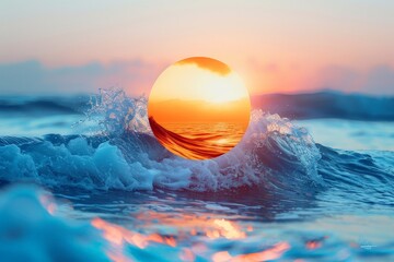 Clear and colorful minimalist logo in the form of a circle, contrasted against a blurred beach photograph