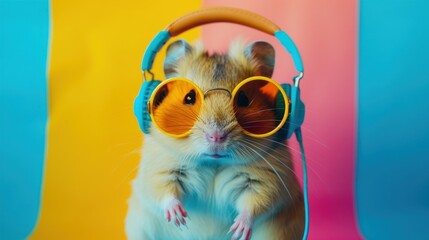 Fototapeta premium hamster sunglasses Listen to music on wireless headphones
