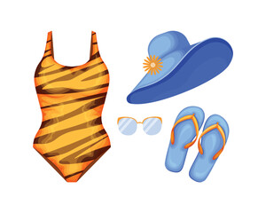 Beach accessories. A set of beach items such as a swimsuit, flip-flops, sunglasses and a beach hat. Clothes for a beach holiday. Vector illustration.