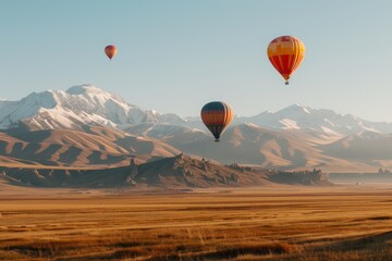 Obraz premium Hot Air Balloons Soaring Over a Snowy Mountain Range