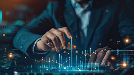 Close-up of analysis of work with the latest financial results, graphical analysis, forecasting financial account sales by handwriting, abstract digital results for background.
