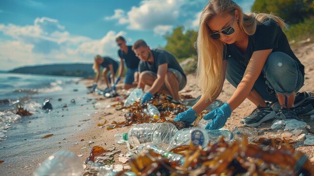 A group of volunteers cleaning up a beach littered with plastic waste