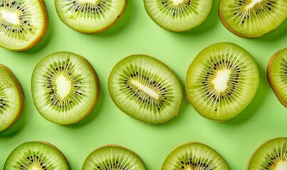 Fototapeta premium Vibrant kiwis slice on a fresh green background , Generative AI