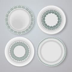 A porcelain plate with a traditional Asian-style pattern. drawing for background, plates, dishes, bowls, lids, tray, tray, vector illustration. 
