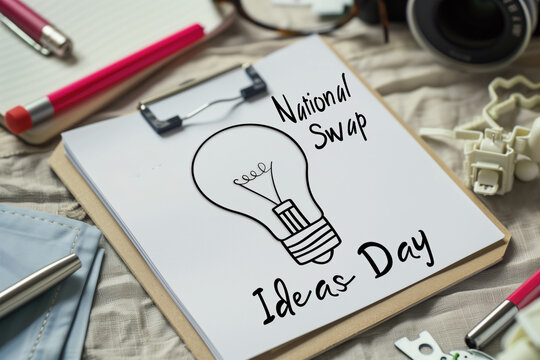 Creative Brainstorming for National Swap Ideas Day with Lightbulb Illustration on Clipboard.