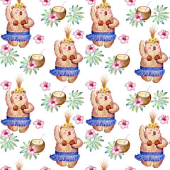 Hawaii dance, watercolor seamless pattern on white background.
