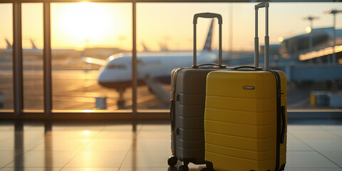 Luggage at Airport Terminal with Airplane in Background. Suitcases by Window at Sunrise in Airport...