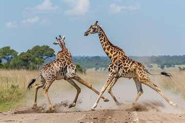 Obraz premium Two male giraffes fight by swinging necks and stabbing with horns. side view facing right wide view with whole giraffe and legs showing. 