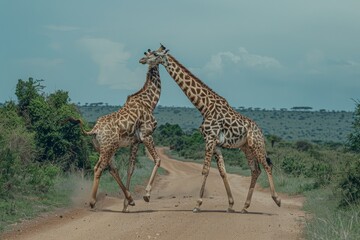 Obraz premium Two male giraffes fight by swinging necks and stabbing with horns. side view facing right wide view with whole giraffe and legs showing. 
