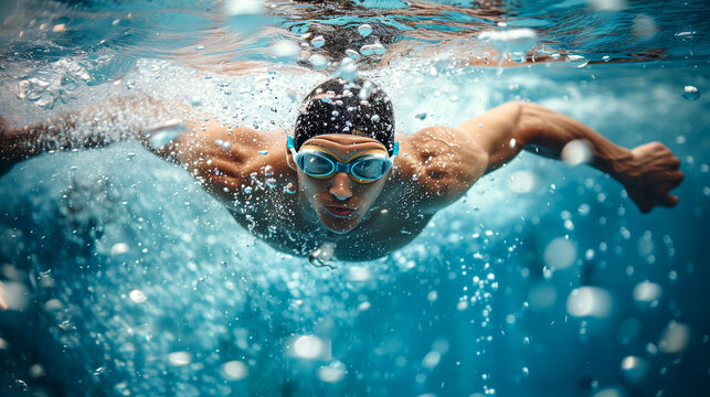 Male swimmer engaging in sports and fitness, training and competing with an active, healthy lifestyle.