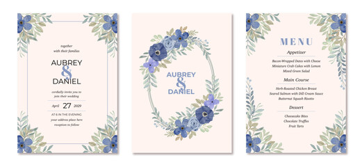 wedding invitation set with delicate blue floral watercolor frame