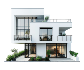Modern two-story house with large windows and terrace, isolated on white background.