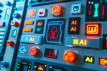 AI Control Panel with Glowing Buttons and Digital Interface