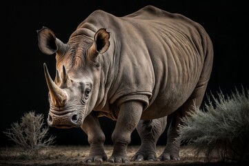 Obraz premium Rhinoceros standing on dry ground with detailed skin texture