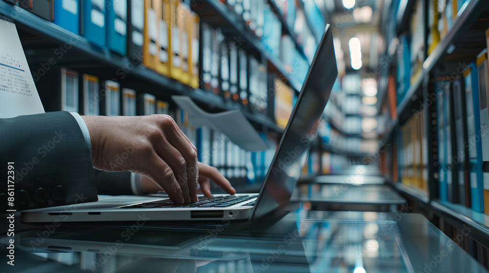 Poster document management system (dms) technology, businessman use laptop with database folder online to s