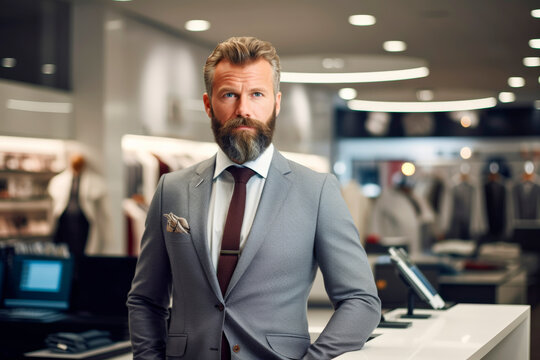 Bearded sales consultant in a gray blazer standing at a store counter, with bright lighting