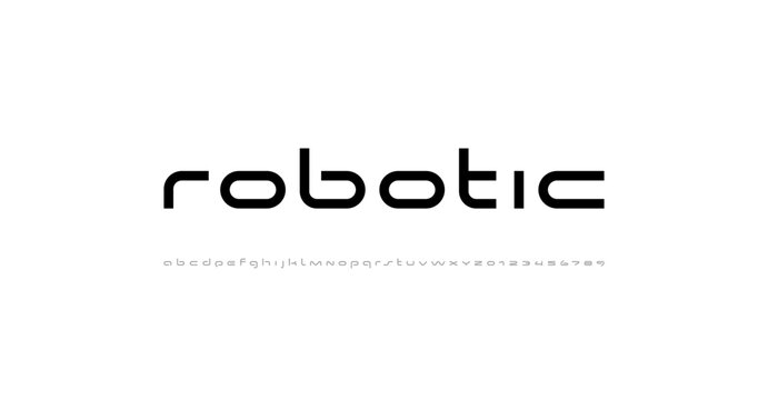 Technical wide future font, digital cyber alphabet, trendy modern letters from A to Z and numbers from 0 to 9, vector illustration 10EPS