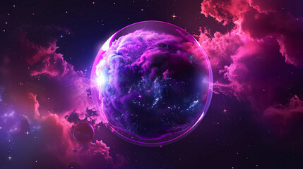 3D Spectacular cosmic cloud explosion within transparent sphere with black background. Nebula and stars in space concept with purple neon. Abstract wallpaper and creative design, AI Generative.