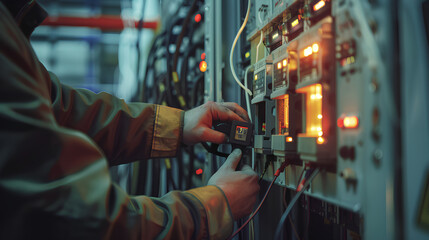 Electricity and electrical maintenance service, Engineer hand holding AC voltmeter checking electric current voltage at circuit breaker terminal and cable wiring main power distribution board