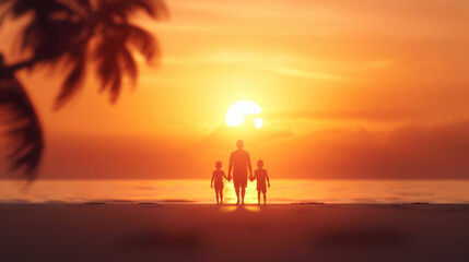 Sunset beach stroll with a Black family on a summer vacation copy space, tranquil, futuristic, silhouette, tropical beach