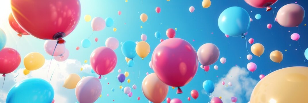 A bright blue sky filled with colorful balloons celebrating graduation. Generative AI