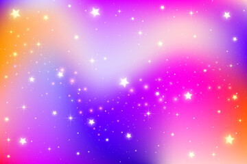 Obraz premium Purple gradient sky with stars. Abstract night space. Vector universe mesh background. Magic vibrant cosmos with sparkles. Liquid holographic iridescent illustration.