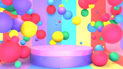 3d rendered podium with flying rainbow balls.