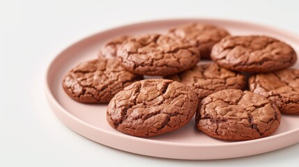Freshly baked chocolate chip cookies on pink plate.