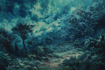 Naklejka premium Moonlit forest with thick foliage and a misty atmosphere creating a mysterious and tranquil night scene