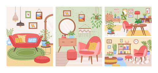 Home interior. Living room cartoon design. Hygge house decor. Comfortable couch. Cozy Scandinavian furnishing. Modern soft sofa and table. Plants in flowerpots. Apartment furniture vector garish set