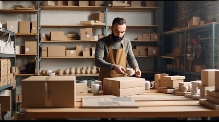 Man packing ceramic cups in carton box in his workshop