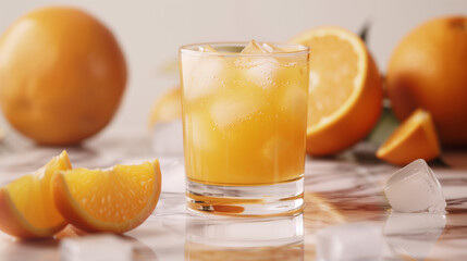 A glass of vibrant orange juice with ice cubes, resting on a sleek marble countertop, surrounded by whole and sliced oranges.