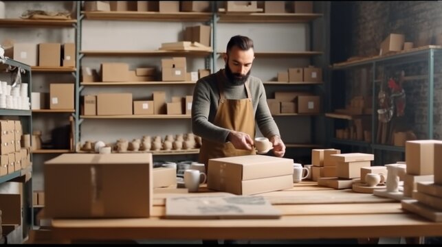 Man packing ceramic cups in carton box in his workshop